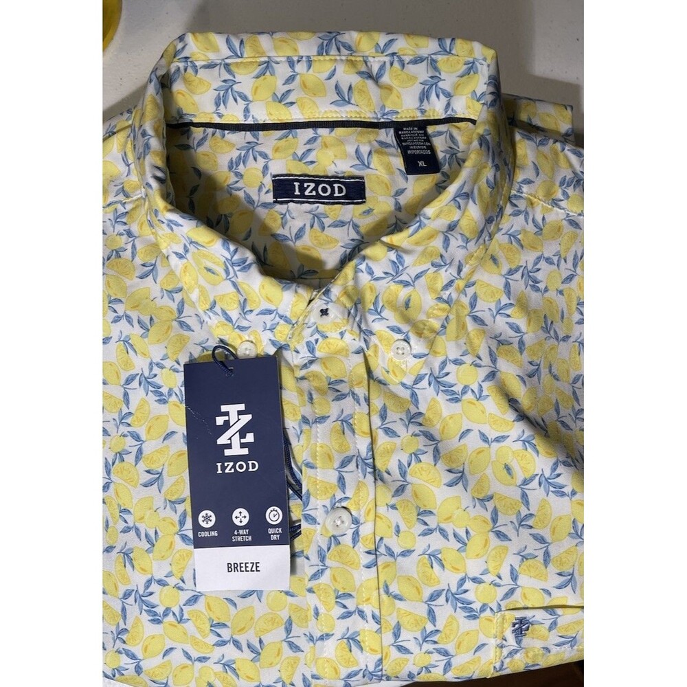 IZOD Breeze AOP Button Down Shirt Lemon Meringue Pocket Mens XL NWT $60
